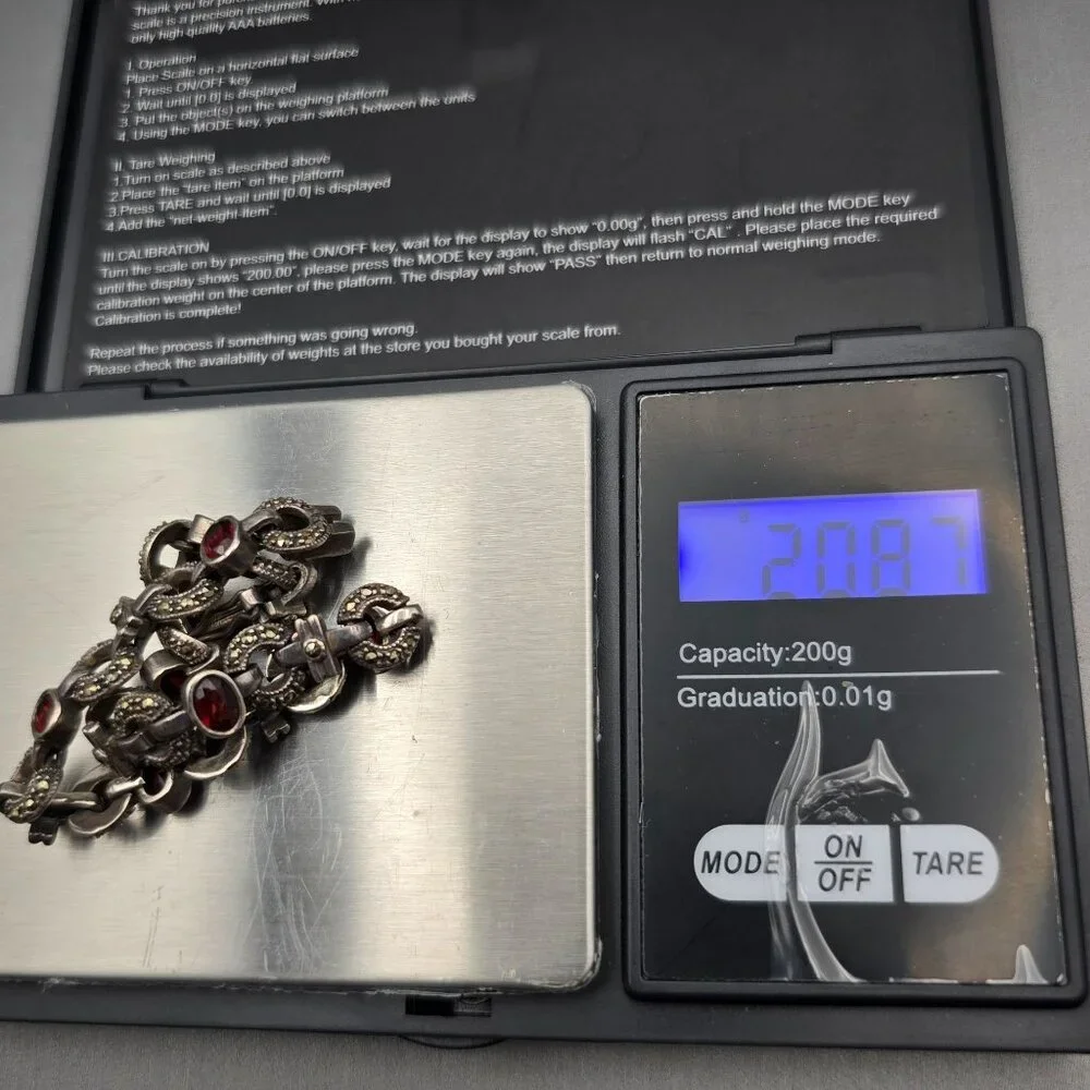 VTG Sterling Silver Garnet & Marcasite Link Bracelet 7.5" RF Hallmark Box Clasp - Picture 14 of 14